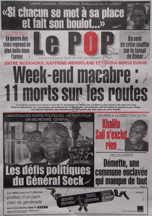 A la Une du Journal Le Populaire du lundi 17 Décembre 2012