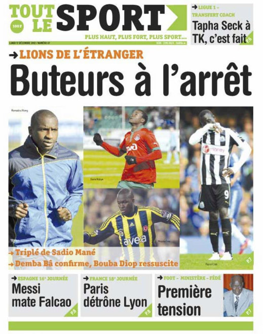 A la Une du Journal Toute Le Sport du lundi 17 Décembre 2012