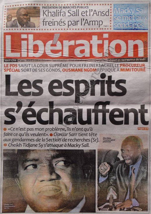 A la Une du Journal Libération du Mardi 18 décembre 2012