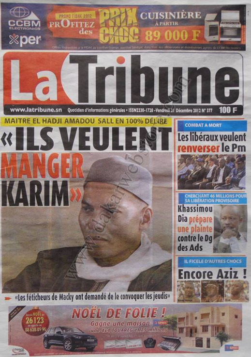 A la Une du Journal La Tribune du Vendredi 21 décembre 2012