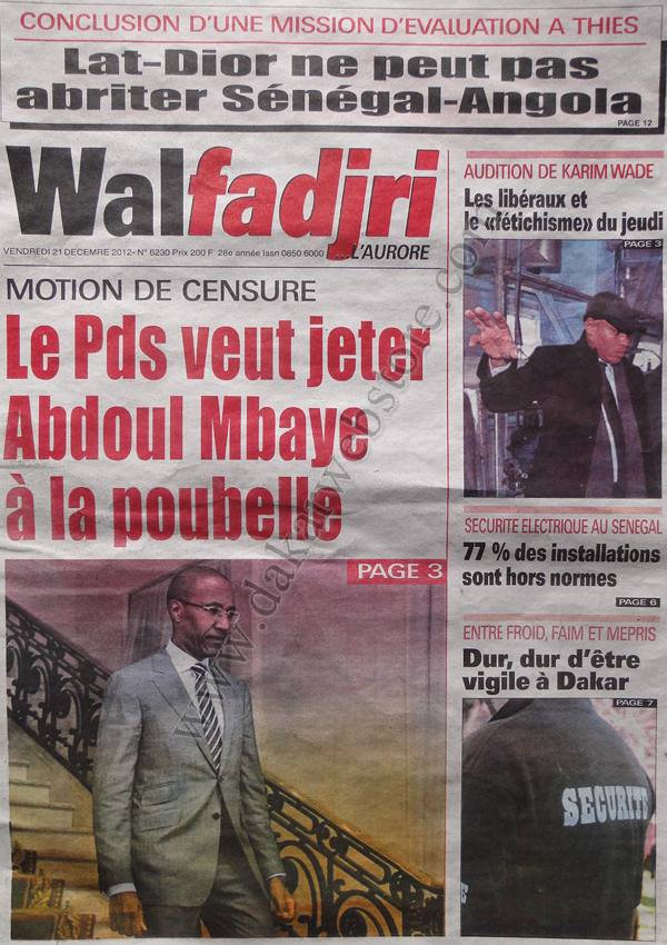 A la Une du Journal Walfadjri du Vendredi 21 décembre 2012