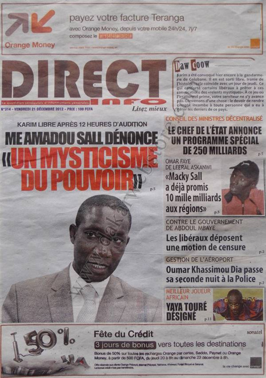 A la Une du Journal Direct Info du Vendredi 21 décembre 2012