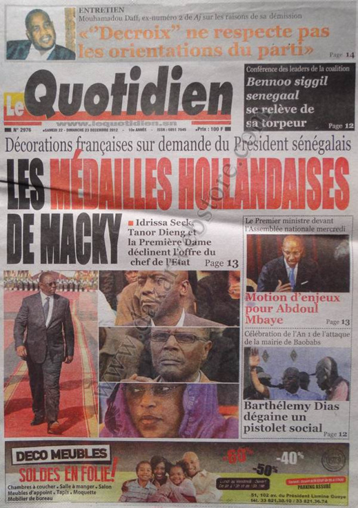 A la Une du Journal Quotidien du Samedi 22 décembre 2012