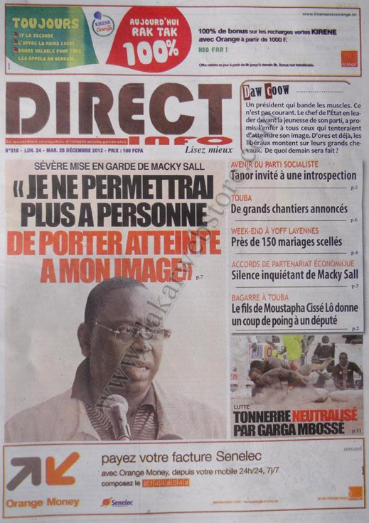 A la Une du Journal Direct Info du lundi 24 Décembre 2012