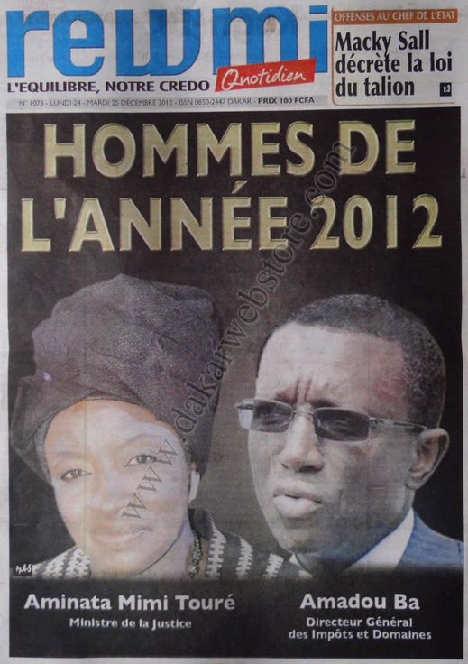 A la Une du Journal Rewmi du lundi 24 Décembre 2012