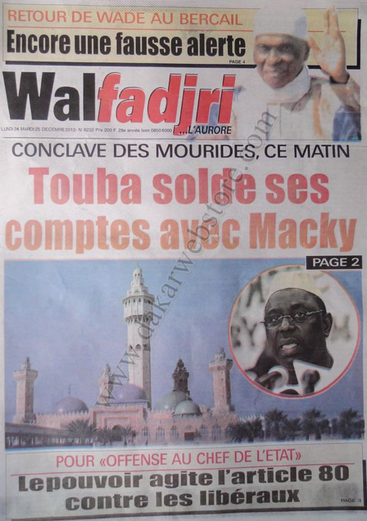 A la Une du Journal Walfadjri du lundi 24 Décembre 2012