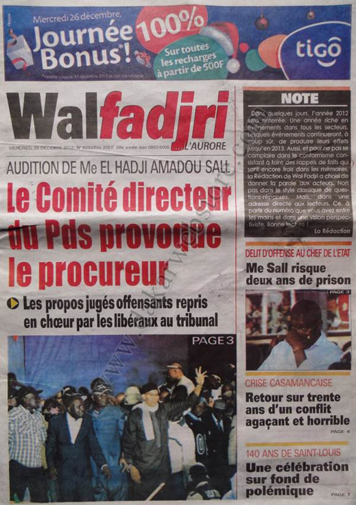 A la Une du Journal Walfadjri du mercredi 26 décembre 2012