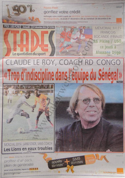 A la Une du Journal Stades du jeudi 27 décembre 2012