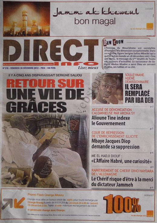 A la Une du Journal Direct Info du vendredi 28 décembre 2012