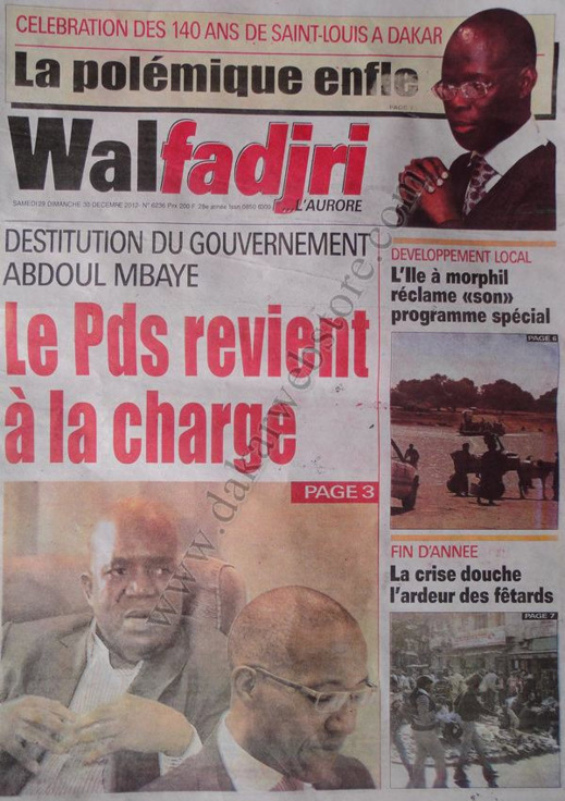 A la Une du Journal Walfadjri du Samedi 29 décembre 2012