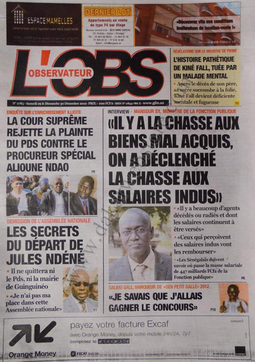 A la Une du Journal L'Observateur du Samedi 29 décembre 2012