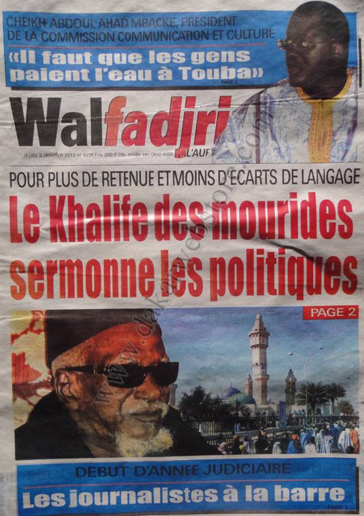 A la Une du Journal Walfadjri du jeudi 03 janvier 2013