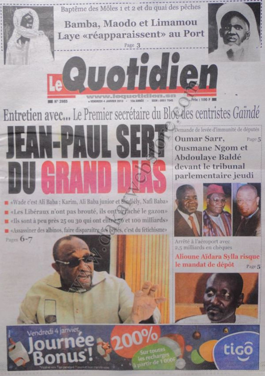 A la Une du Journal Le Quotidien du vendredi 04 janvier 2013 