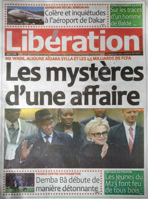 A la Une du Journal Libération du Samedi 05 janvier 2013