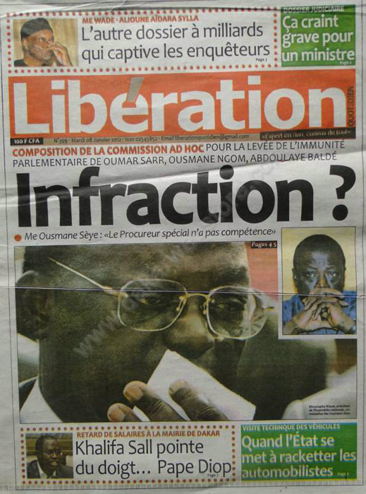 A la Une du Journal Libération du mardi 08 janvier 2013