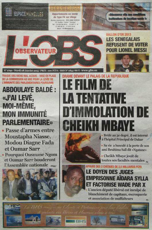 A la Une du Journal L'Observateur du mardi 08 janvier 2013