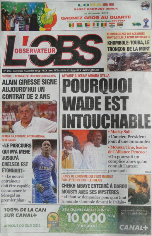 A la Une du Journal L'Observateur du mercredi 09 janvier 2013