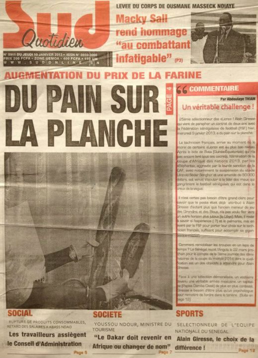 A la Une du Journal Sud Quotidien du jeudi 10 janvier 2013