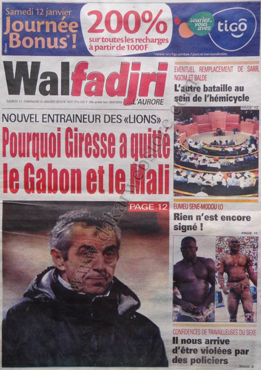 A la Une du Journal Walfadjri du Samedi 12 janvier 2013