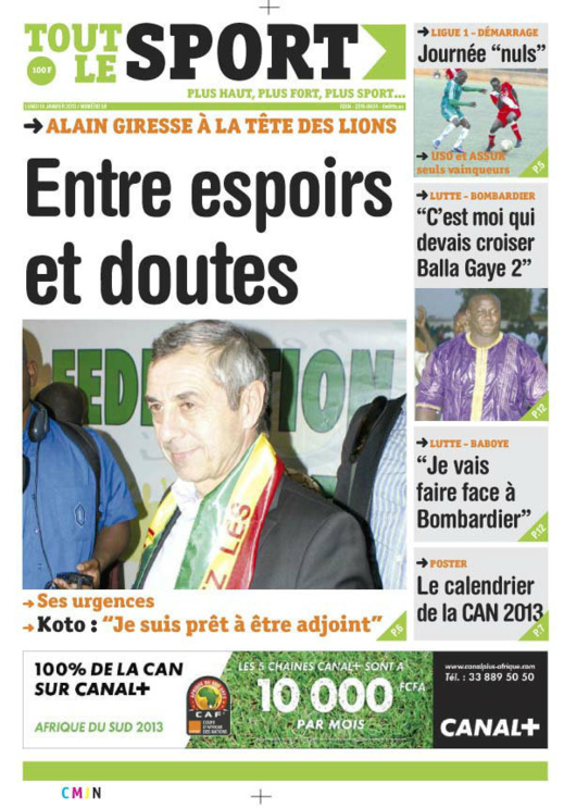 A la Une du Journal Tout Le sport du lundi 14 janvier 2013