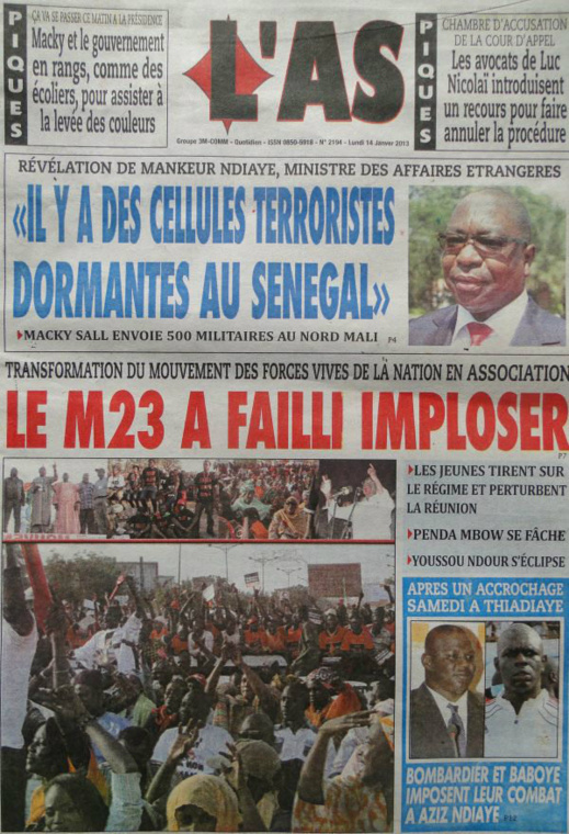 A la Une du Journal L'As du lundi 14 janvier 2013