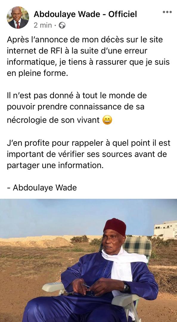 Me Abdoulaye Wade réagissant à la Fake News: « Il n’est pas donné à tous d’apprendre sa nécrologie… »