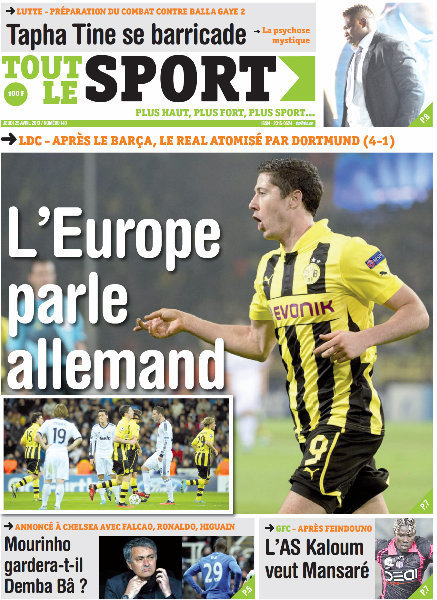 A la Une du Journal Tout Le Sport du jeudi 25 Avril 2013