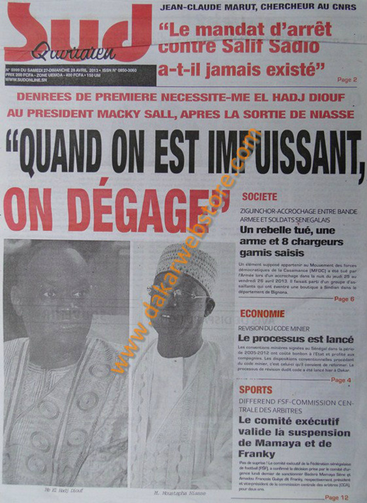 A la Une du Journal Sud Quotidien du samedi 27 Avril 2013