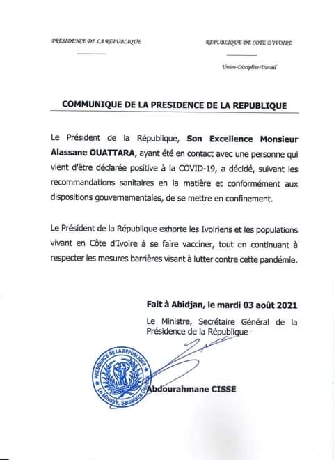 Covid 19: Le président Alassane Ouattara en confinement