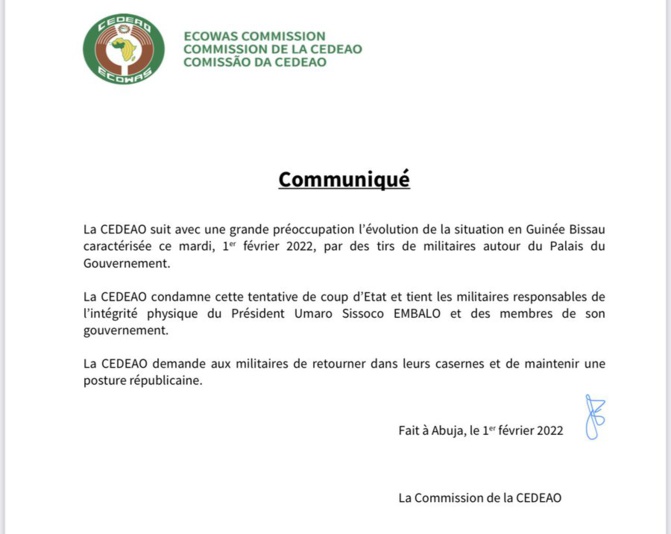 Guinée Bissau : La Cedeao condamne une tentative de coup d’Etat et tient les militaires pour responsables de l’intégrité physique du Président Embalo