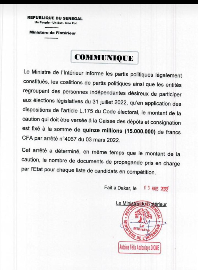 Législatives juillet 2022: La caution fixée à 15 millions F CFA (Document)