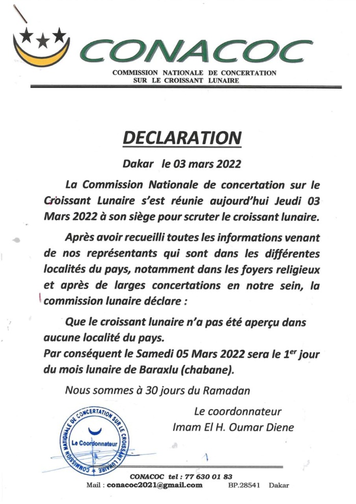 Commission Nationale de concertation: Samedi 5 Mars, 1er jour du mois lunaire (Chaabane, Document)