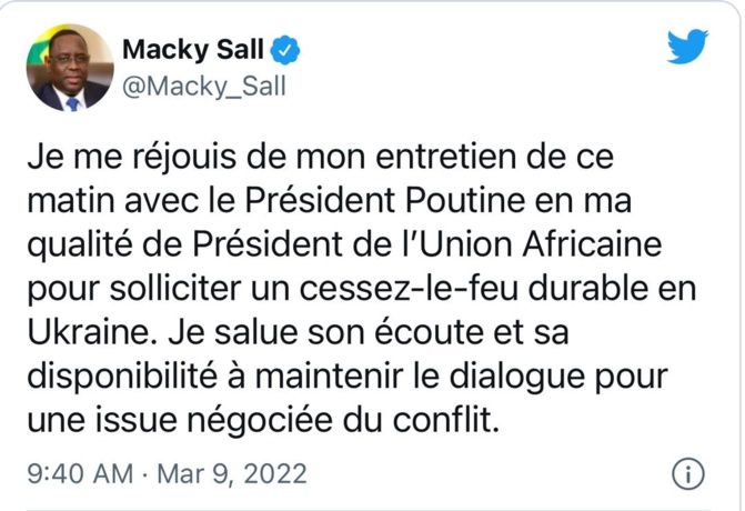 Le tweet de Macky Sall à Poutine: Un cessez-le-feu proposé par le Président de l'Union africaine