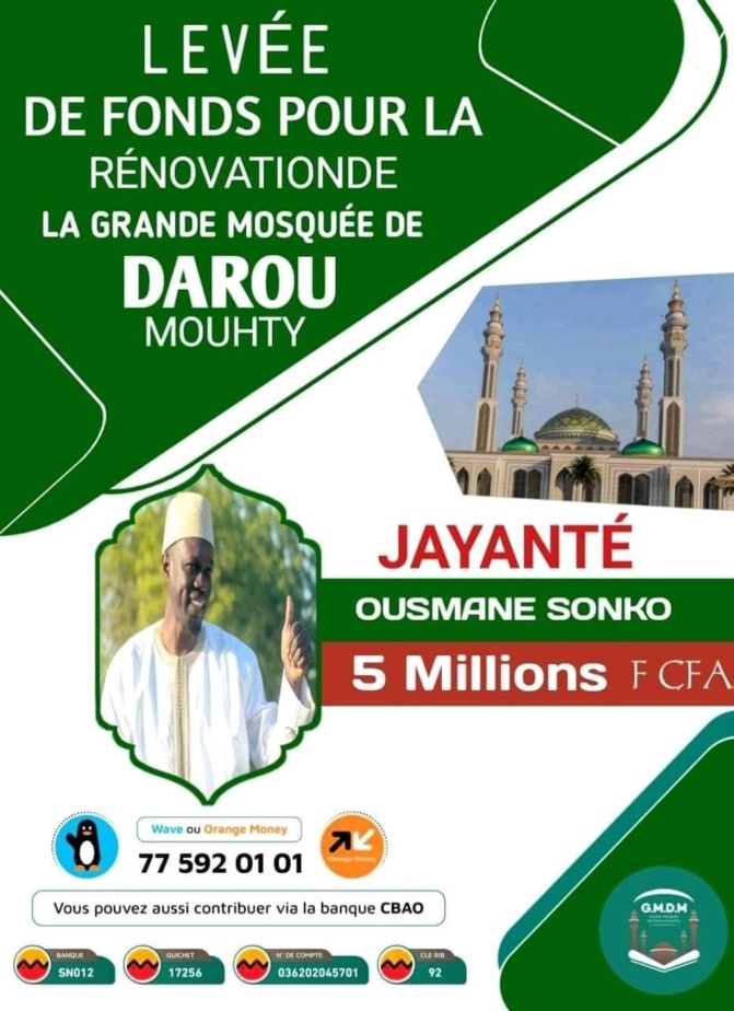 Levée de fonds pour la rénovation de la mosquée de Darou Mouhty : Les 5 millions FCfa discrètement décaissés par Ousmane Sonko