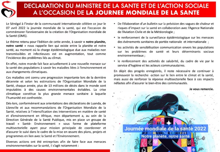 Journée mondiale de la Santé : La déclaration du Ministre