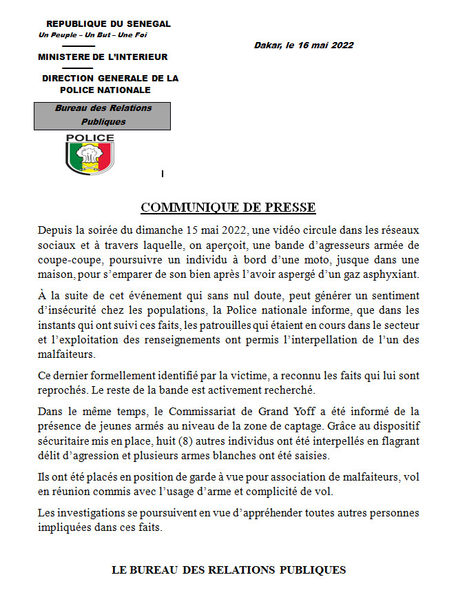 Agresseurs armés poursuivant un scootériste: Le BRP annonce l'arrestation de huit autres individus