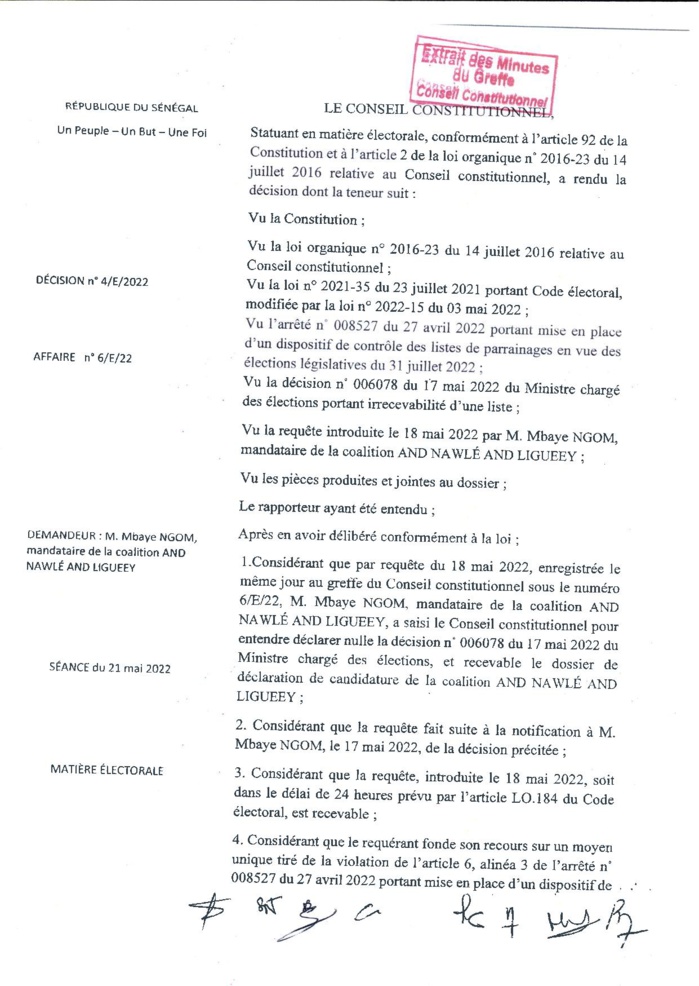 Conseil Constitutionnel : La requête de la coalition AND NAWLÉ AND LIGUEEY, rejetée (Document)