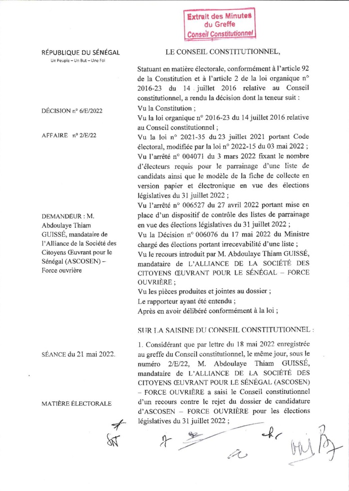 Conseil Constitutionnel : le recours de Abdoulaye Thiam Guissé, mandataire national d'ASCOSEN-FORCE OUVRIERE, rejeté