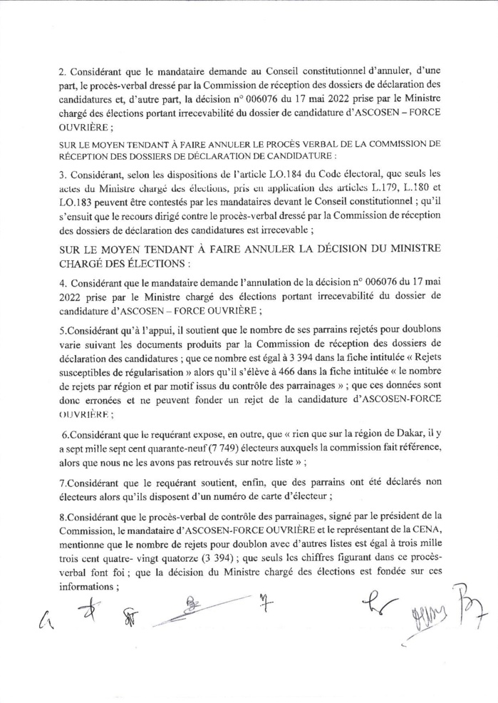 Conseil Constitutionnel : le recours de Abdoulaye Thiam Guissé, mandataire national d'ASCOSEN-FORCE OUVRIERE, rejeté