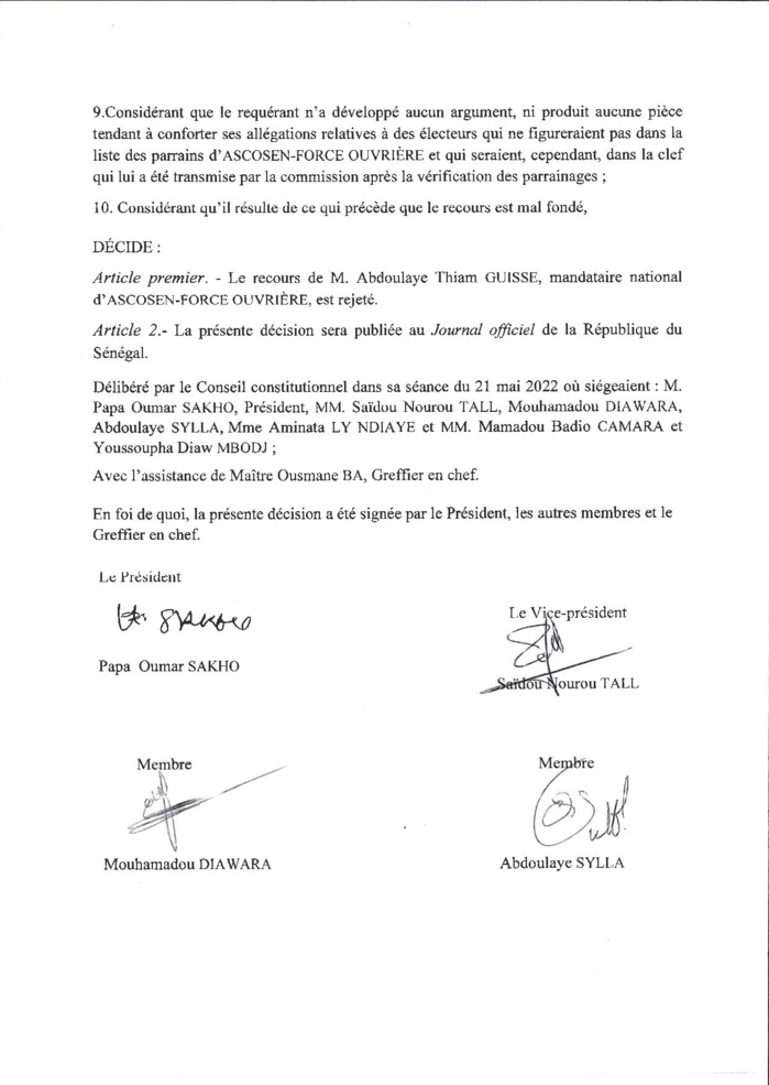 Conseil Constitutionnel : le recours de Abdoulaye Thiam Guissé, mandataire national d'ASCOSEN-FORCE OUVRIERE, rejeté