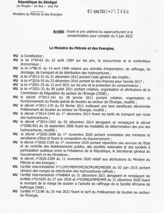 Arrêté : Le prix à la pompe du supercarburant passe à 890 FCfa le litre (Document)