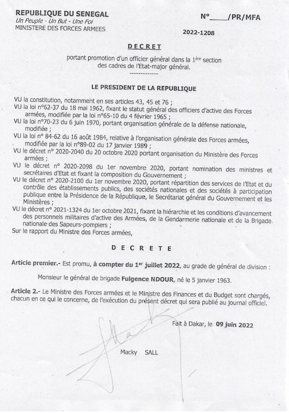 Fulgence Ndour nommé Sous-chef d’Etat-major général des Armées (Documents)