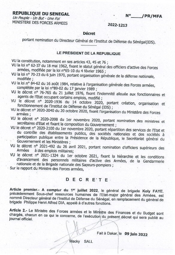 Fulgence Ndour nommé Sous-chef d’Etat-major général des Armées (Documents)