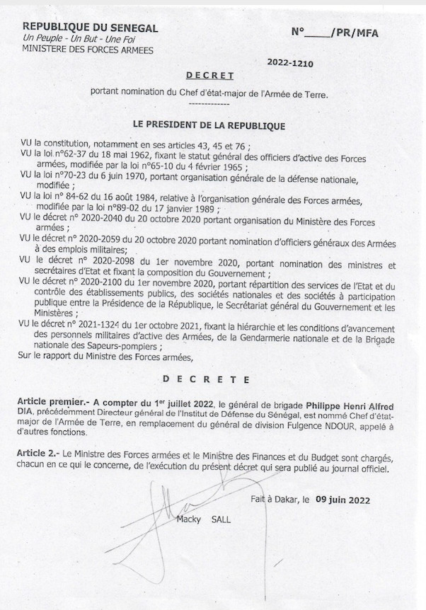 Fulgence Ndour nommé Sous-chef d’Etat-major général des Armées (Documents)