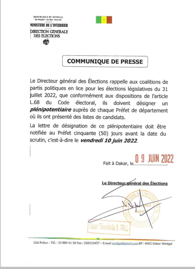 Législatives : le deadline de la désignation des plénipotentiaires rappelé par le Dge (Document)