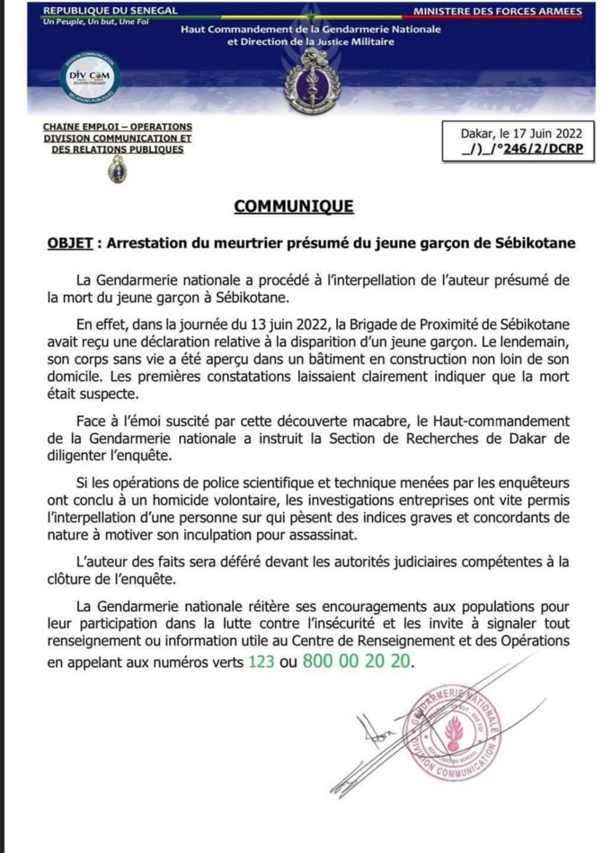 Le présumé meurtrier du jeune garçon de Sebikotane, arrêté par la Gendarmerie