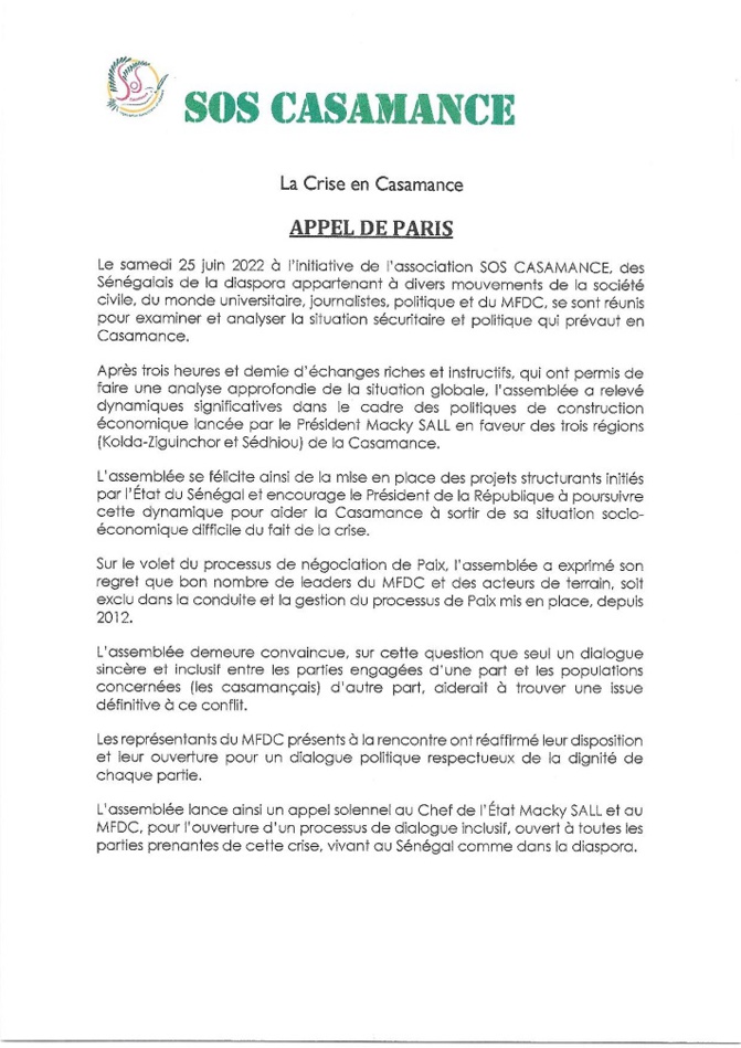 Crise en Casamance : L’appel de Paris de l’Association SOS Casamance