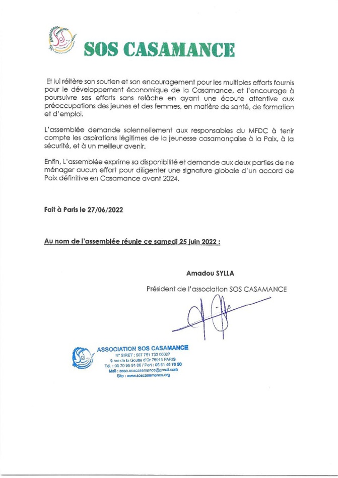 Crise en Casamance : L’appel de Paris de l’Association SOS Casamance