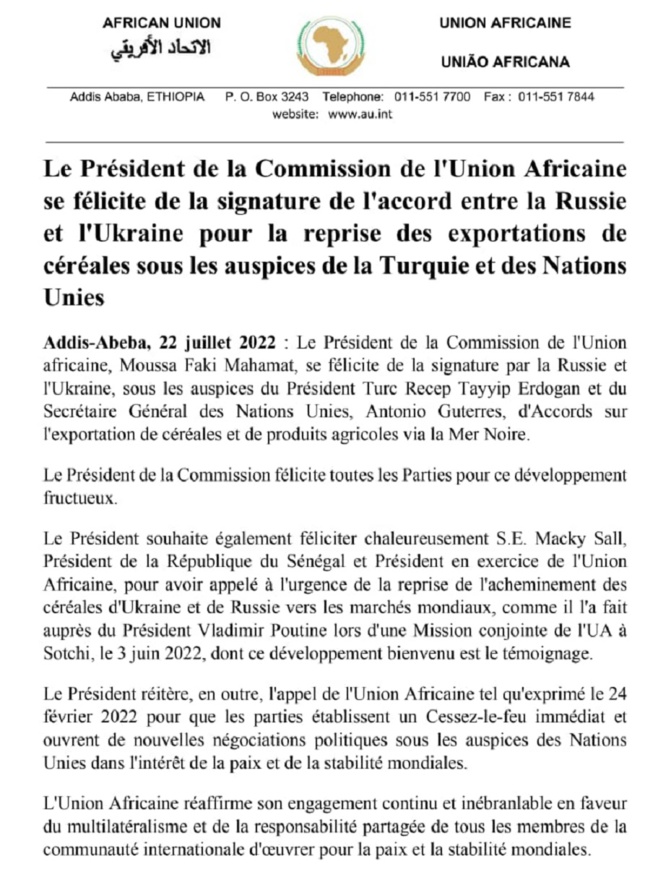 Céréales, vers un ouf de soulagement : l’UA magnifie la signature de convention entre la Russie et l’Ukraine grâce à Erdogan et l’ONU