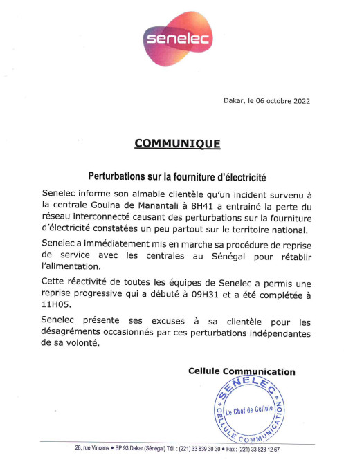 Perte du réseau interconnecté: La Sénélec impute l'incident à la centrale de Gouina et présente ses excuses